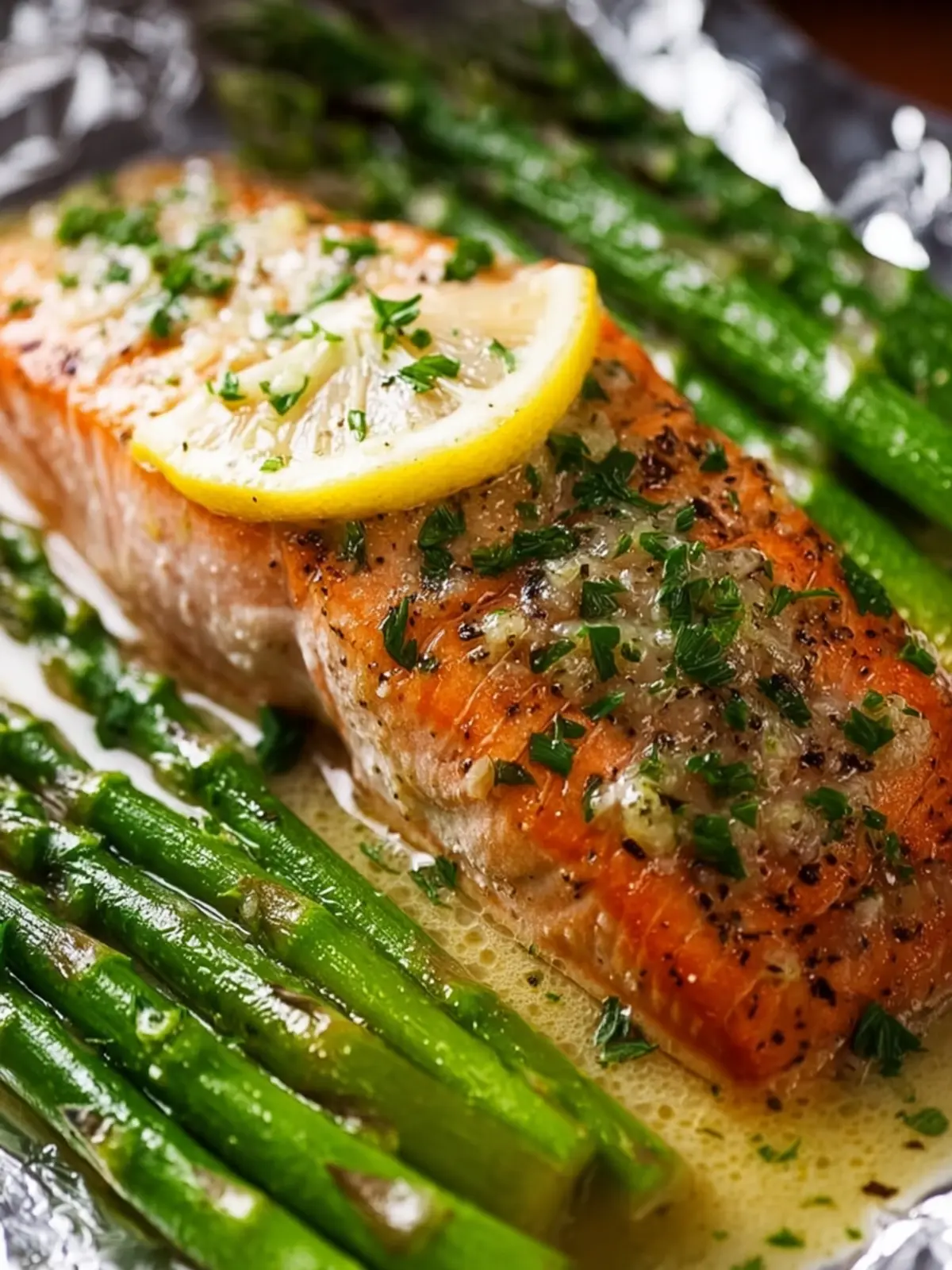 Baked Salmon in Foil with Asparagus and Lemon Garlic Butter Sauce First Image